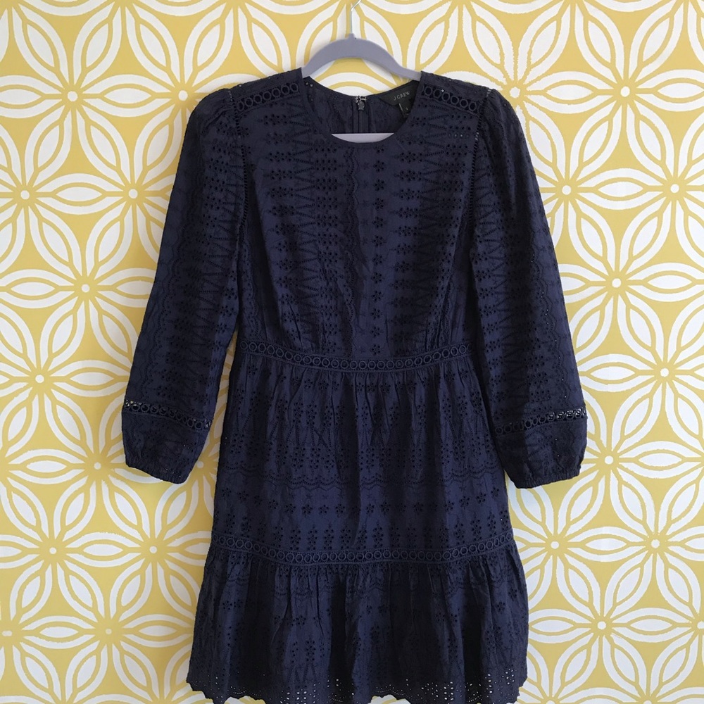 J. Crew Eyelet Flutter Hem Dress, Navy, size 2